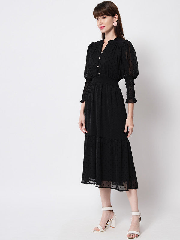 KASHANA Women's Dobby Chiffon Black Solid 3/4 Sleeve Party A-line Dress