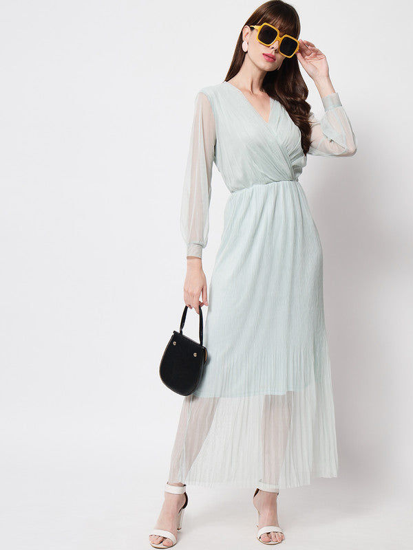 ELEENA Women's Net Turquoise Solid Full Sleeve Party Wrap Dress