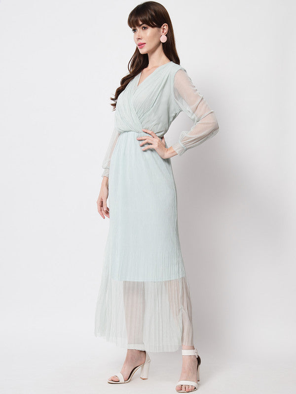 KASHANA Women's Net Turquoise Solid Full Sleeve Party Wrap Dress