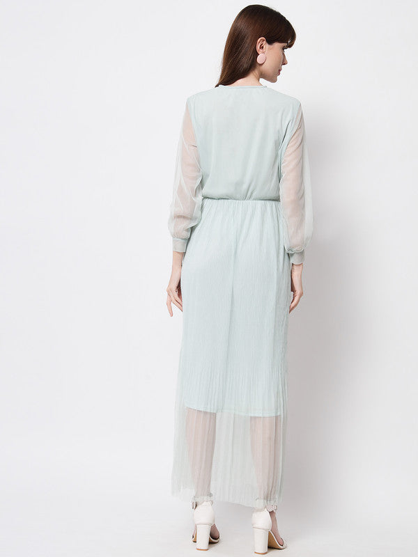 KASHANA Women's Net Turquoise Solid Full Sleeve Party Wrap Dress