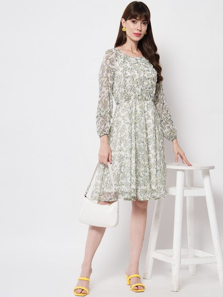 KASHANA Women's Polyester Off White Floral Full Sleeve Dress Mini Dress