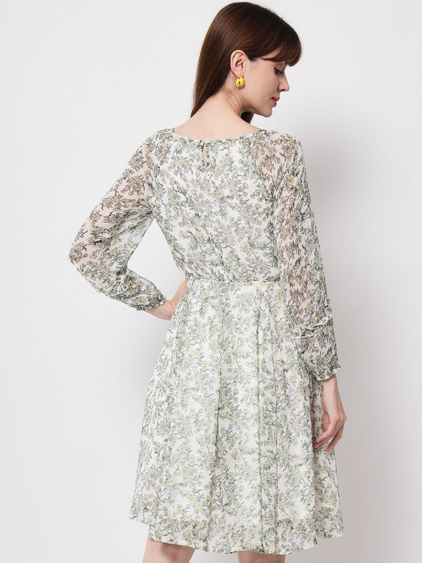 KASHANA Women's Polyester Off White Floral Full Sleeve Dress Mini Dress