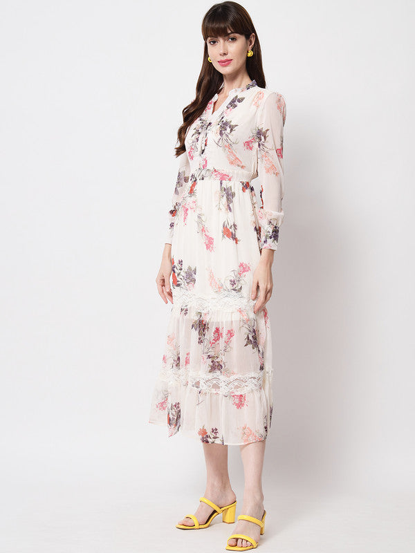ELEENA Women's Chiffon Off White Floral Cuff Sleeve Party A-line Dress