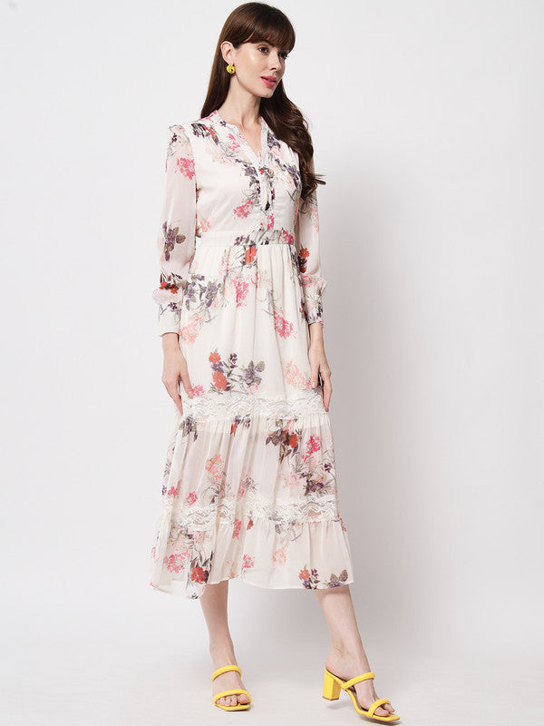 ELEENA Women's Chiffon Off White Floral Cuff Sleeve Party A-line Dress