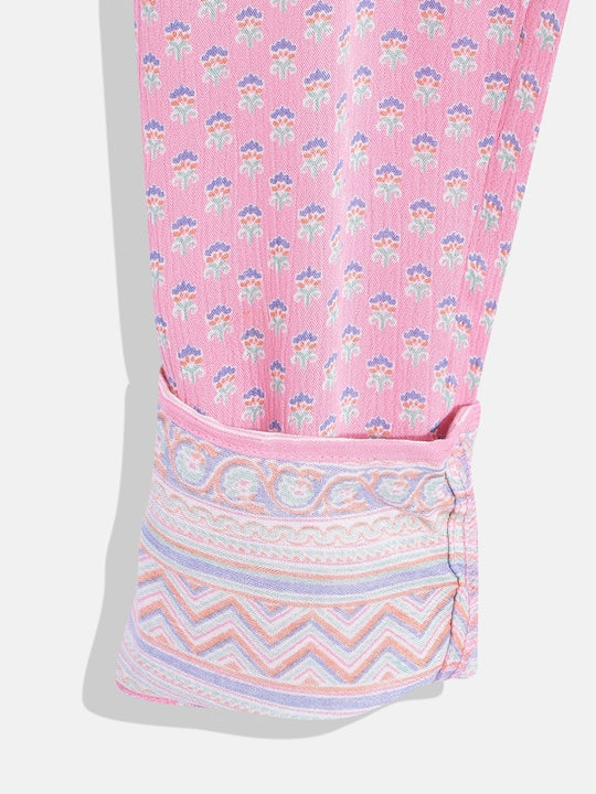 ELEENA Girl's Viscose Pink Floral Regular full sleeves Party Wear Jumpsuit