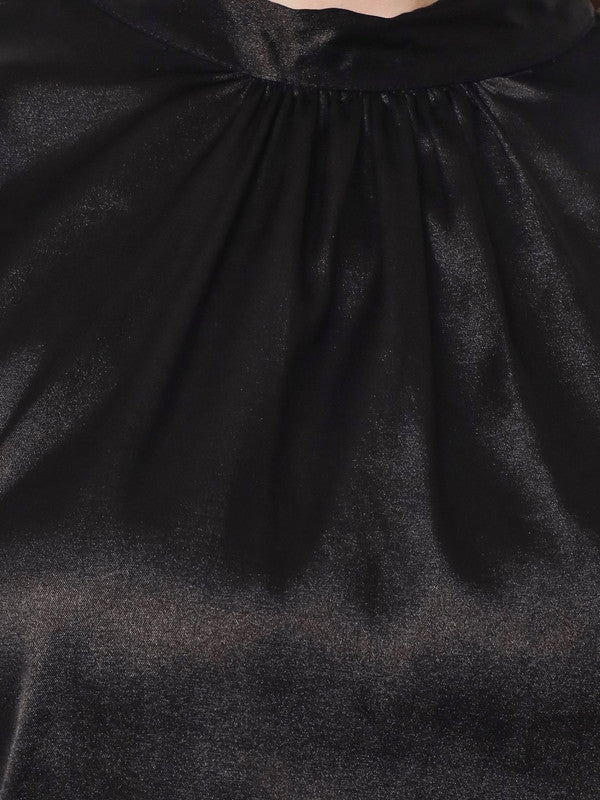 ELEENA Women's Satin Black Solid Short Sleeve Party Regular Top