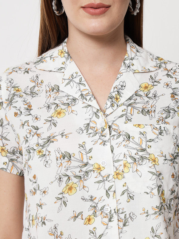 KASHANA Women's Rayon White Floral Printed Short Sleeve Casual Shirt Top