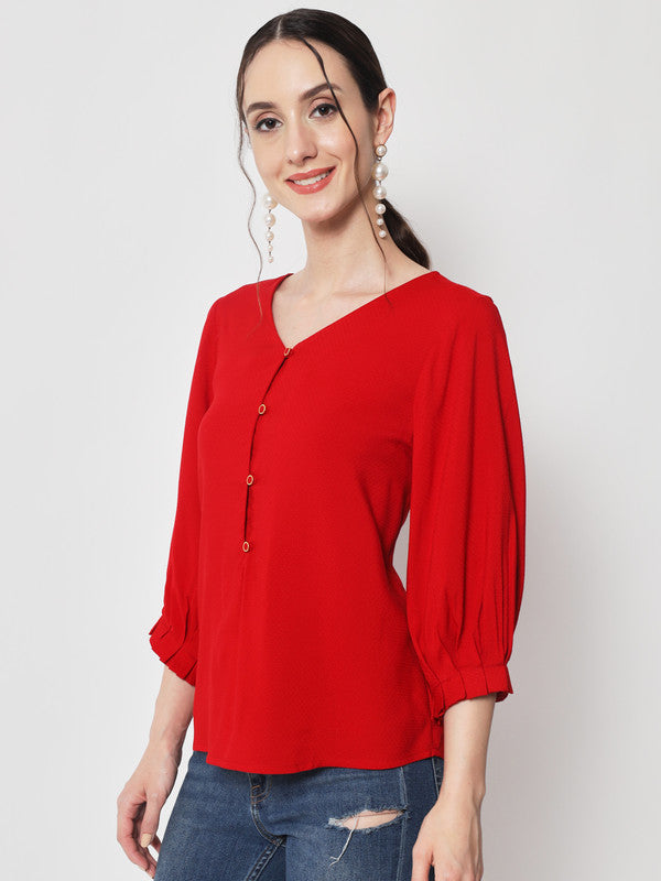 KASHANA Women's Rayon Red dobby 3/4 Sleeve Casual Regular Top
