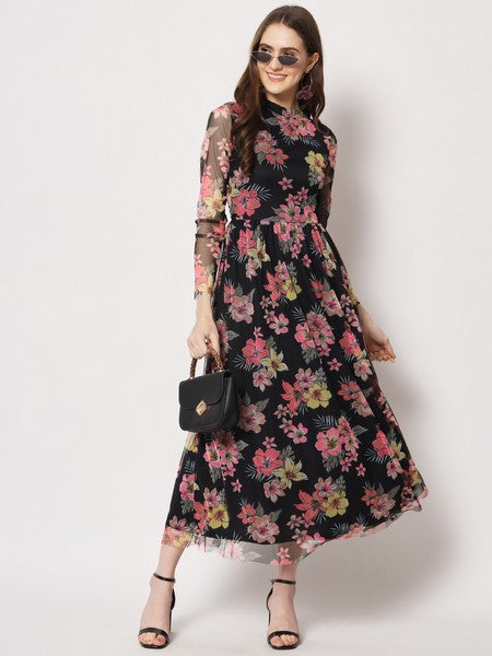 KASHANA Women's Poly-Net Black Floral Print Full Sleeves PartyWear Western Gown Dress