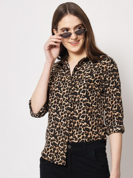 KASHANA Women's Polyester Blcak & Brown Animal Printed Full Sleeve Party Shirt Top