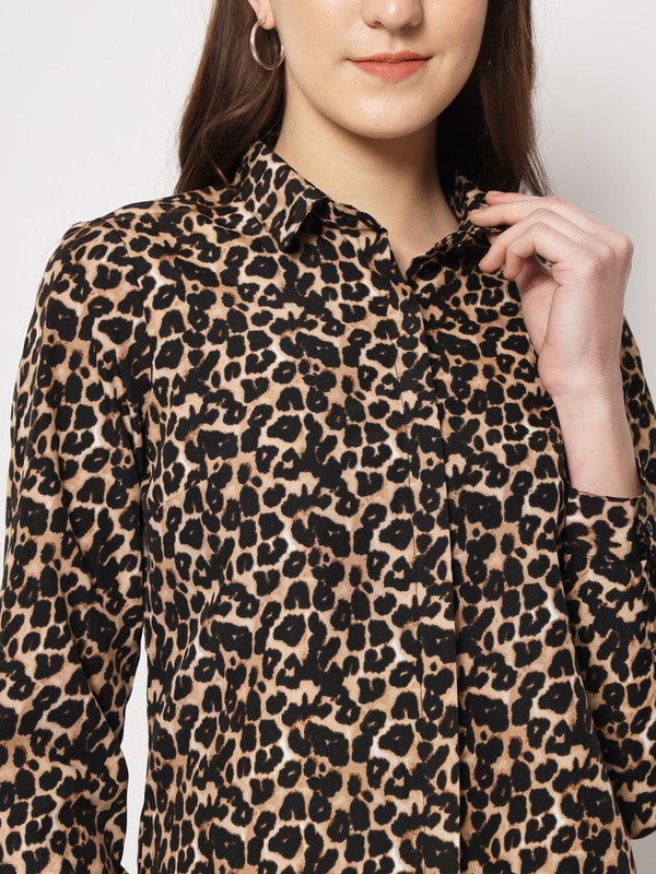 KASHANA Women's Polyester Blcak & Brown Animal Printed Full Sleeve Party Shirt Top