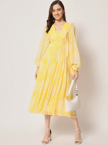 KASHANA Women's Chiffon Yellow Floral Print Full Sleeves PartyWear A-Line Dress