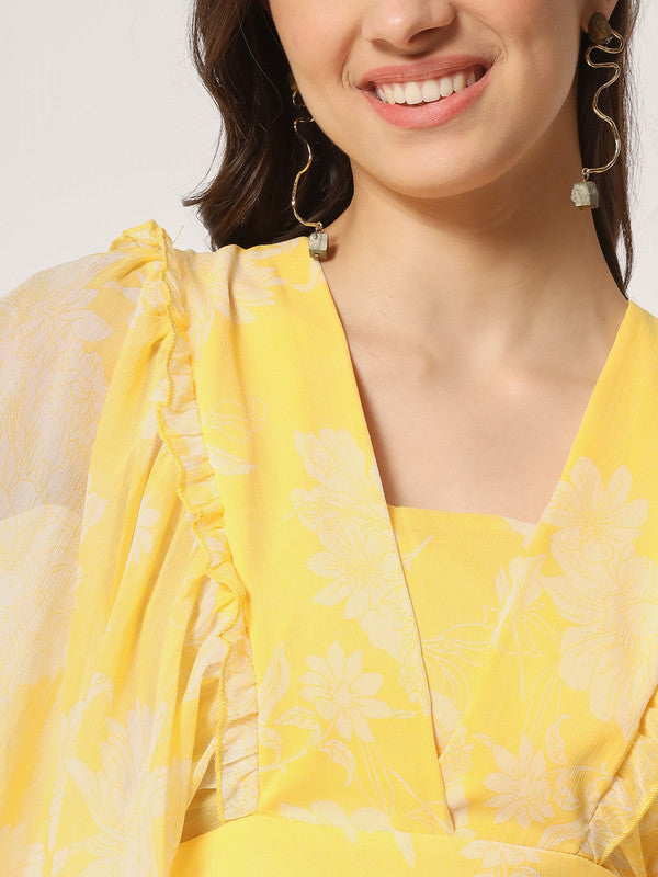 KASHANA Women's Chiffon Yellow Floral Print Full Sleeves PartyWear A-Line Dress