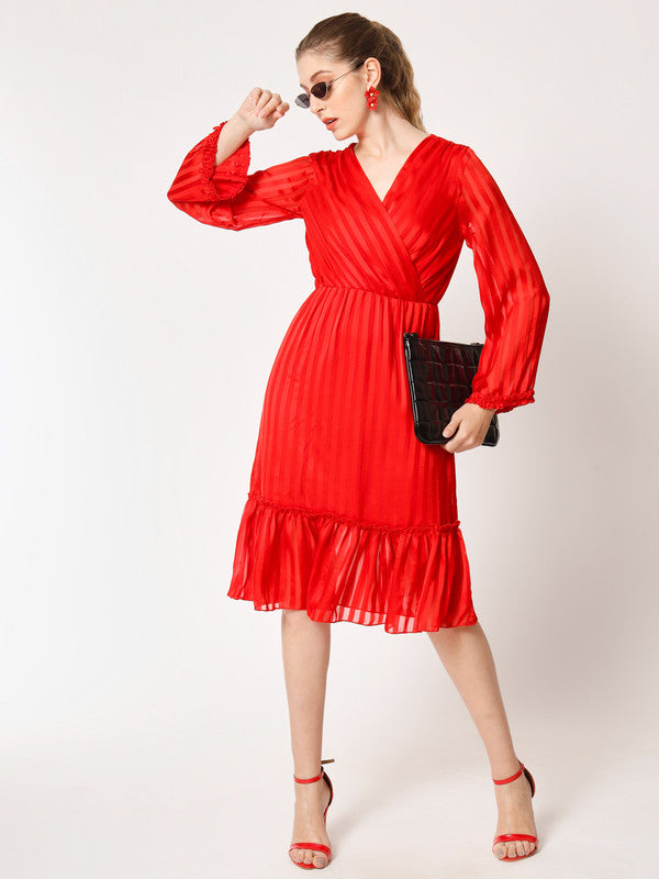 KASHANA Women's Satin Stripe Georgette Red Striped Full Sleeves PartyWear Wrap Dress