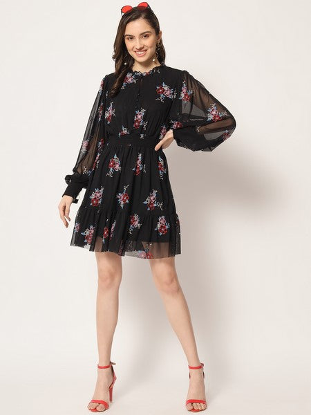 KASHANA Women's Net Black Embroidery Full Ruffle Sleeves PartyWear Ruffle Dress