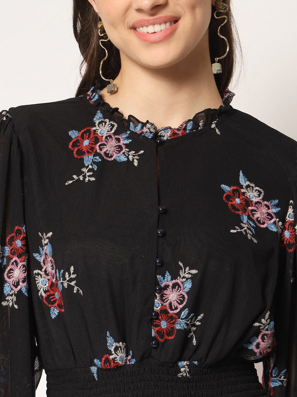 KASHANA Women's Net Black Embroidery Full Ruffle Sleeves PartyWear Ruffle Dress