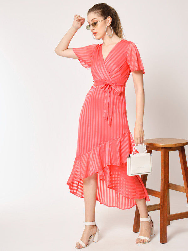 KASHANA Women's Satin Stripe Georgette Pink Solid Short Sleeve Evening Wear Wrap Dress