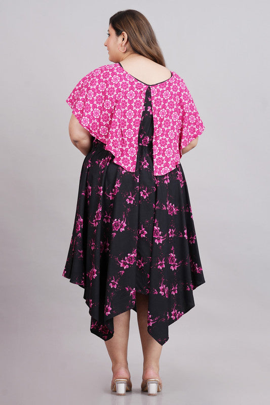 KASHANA Womens Viscose Pink Floral Printed Cap Party Hanky Hem Dress