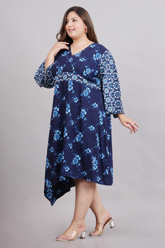 KASHANA Womens Viscose Blue Floral Printed Flare Sleeve Dress