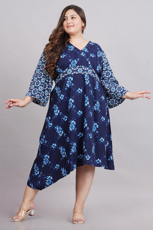 KASHANA Womens Viscose Blue Floral Printed Flare Sleeve Dress