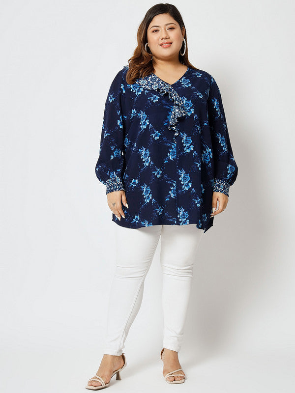 KASHANA Womens Viscese Blue Floral Printer Full Sleeve Party Wear Plus Size Top