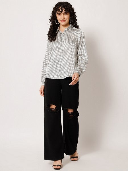 KASHANA Women's Satin Grey Geometric Printed Full Sleeves Casual Shirt Top