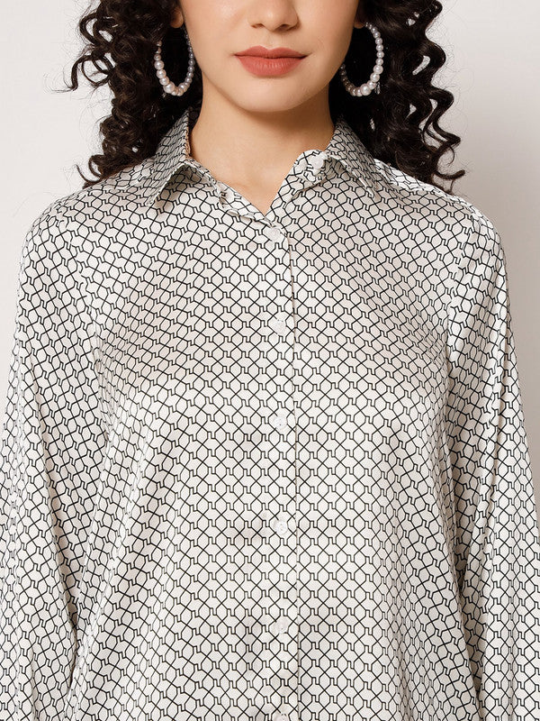 KASHANA Women's Satin Grey Geometric Printed Full Sleeves Casual Shirt Top