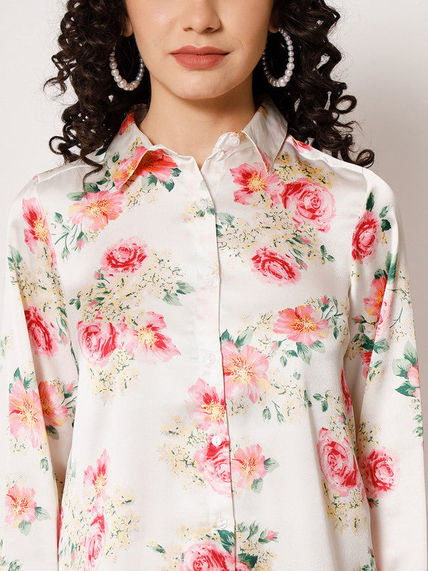 KASHANA Women's Satin White Floral Printed Full Sleeves Casual Shirt Top