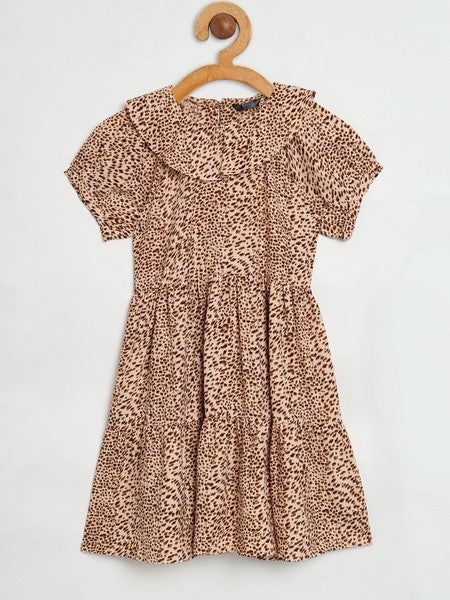 KASHANA Girls Polyester Brown Printed Short Sleeve Party wear A-Line Dress