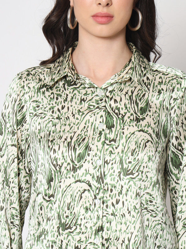 KASHANA Women's Satin Green Printed Full Sleeves Casual Shirt