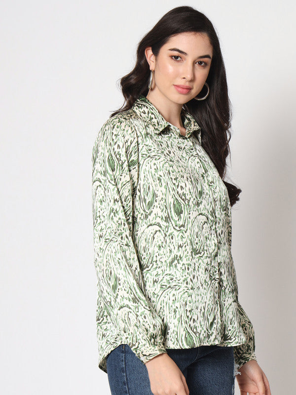 KASHANA Women's Satin Green Printed Full Sleeves Casual Shirt