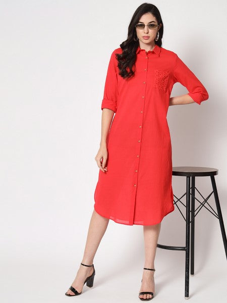 KASHANA women's Cotton Red Solid 3/4 Sleeves Casual Shirt Dress