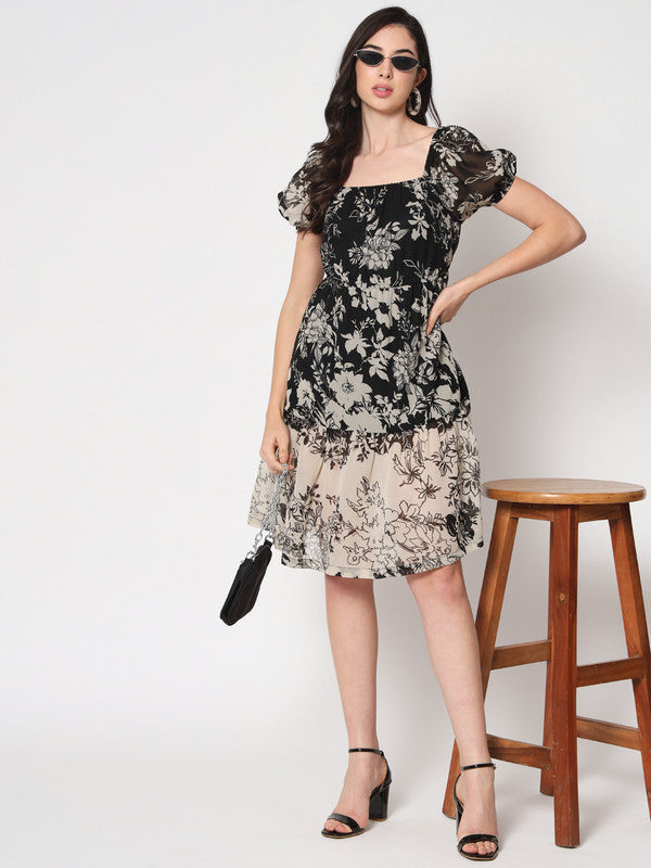 KASHANA women's georgette Black Floral Printed Short Sleeves Party Wear Mini Dress