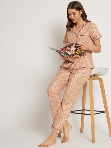 KASHANA Women's Rayon Brown Polka Dot Printed Half Sleeve Loungewear Shirt Pyjama Set Night Suit Set