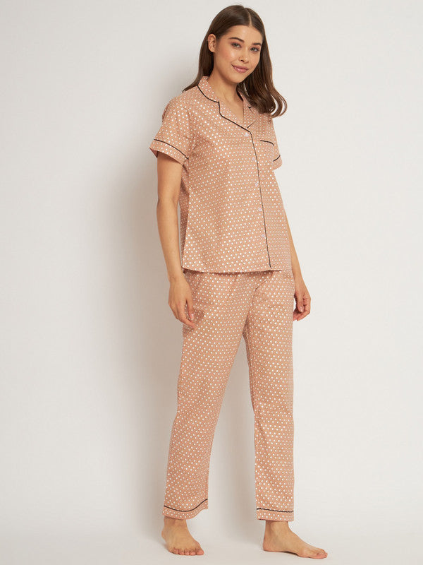 KASHANA Women's Rayon Brown Polka Dot Printed Half Sleeve Loungewear Shirt Pyjama Set Night Suit Set