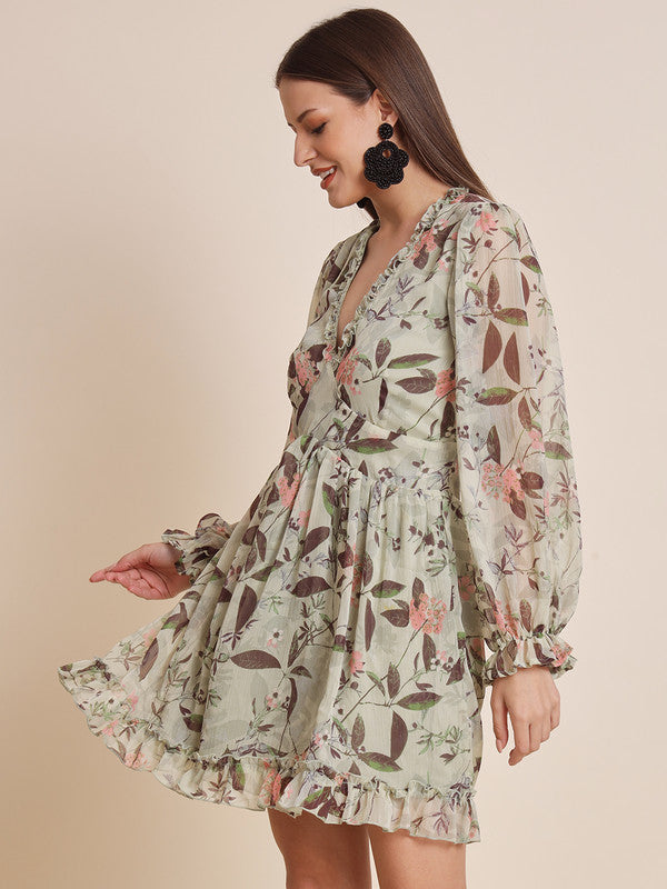 KASHANA Women's Georgette Olive Floral Printed Puff Full Sleeve Party Wear Mini Dress