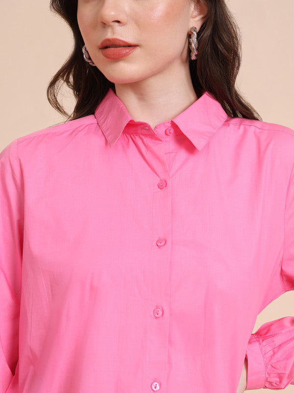 ELEENA Women's Cotton Pink Solid Full Sleeves Casual Shirt Top