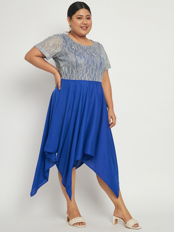 KASHANA Women's Viscose Blue Floral Printed Short Sleeve Plus size Hanky Hem Dress