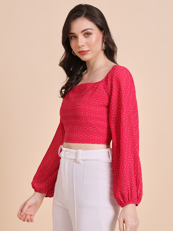 ELEENA Women's Polyester Red Printed Crop Top