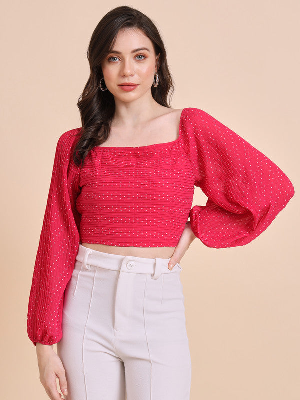 ELEENA Women's Polyester Red Printed Crop Top