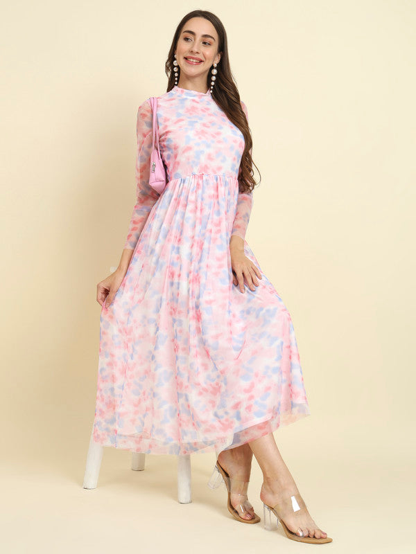 KASHANA Women's Poly-Net Pink Floral Print Full Sleeves PartyWear Western Gown Dress
