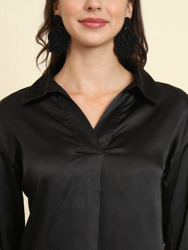KASHANA Women's Satin Black Solid Full Sleeves Casual Shirt Top