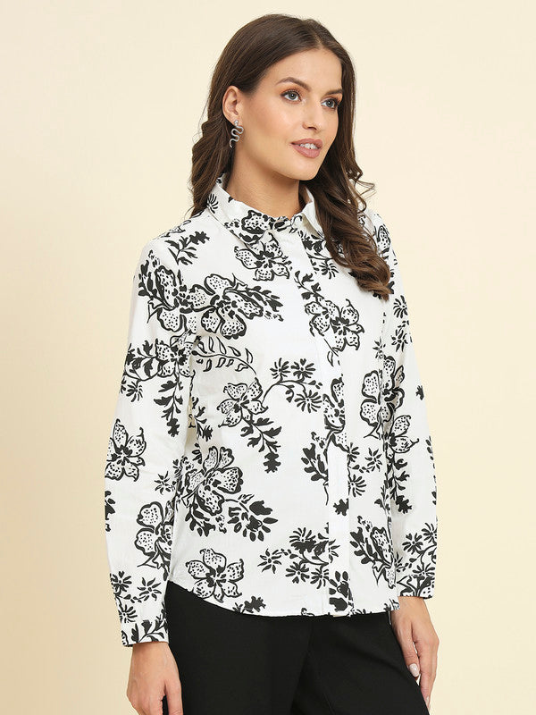 KASHANA Women's Cotton White Floral Printed Full Sleeves Casual Shirt Top