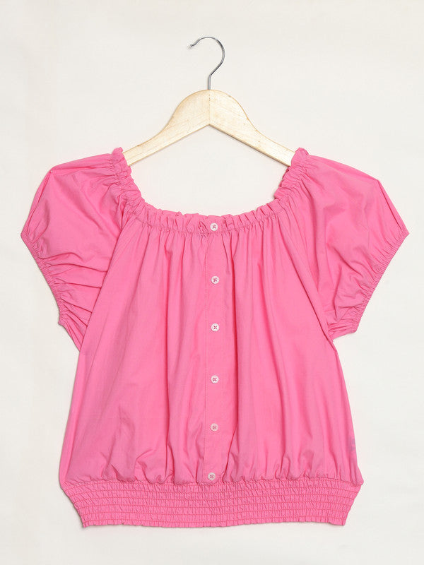KASHANA Girls Cotton Pink Checkered Short Puff Sleeves Crop Top