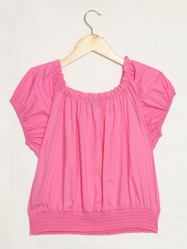 ELEENA Girls Cotton Pink Checkered Short Puff Sleeves Crop Top