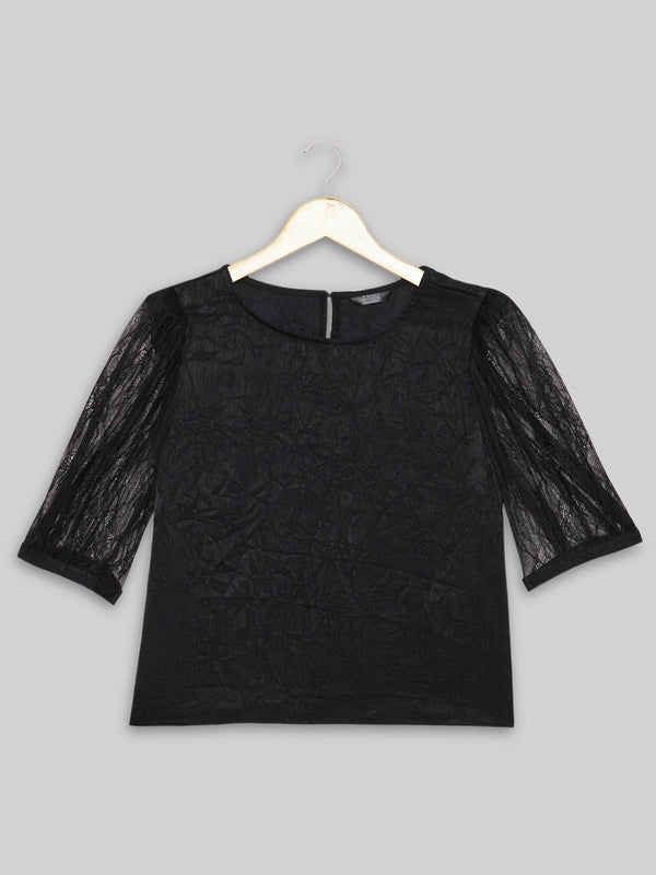KASHANA Girls Polyester Black Solid Short Sleeve Partywear Top