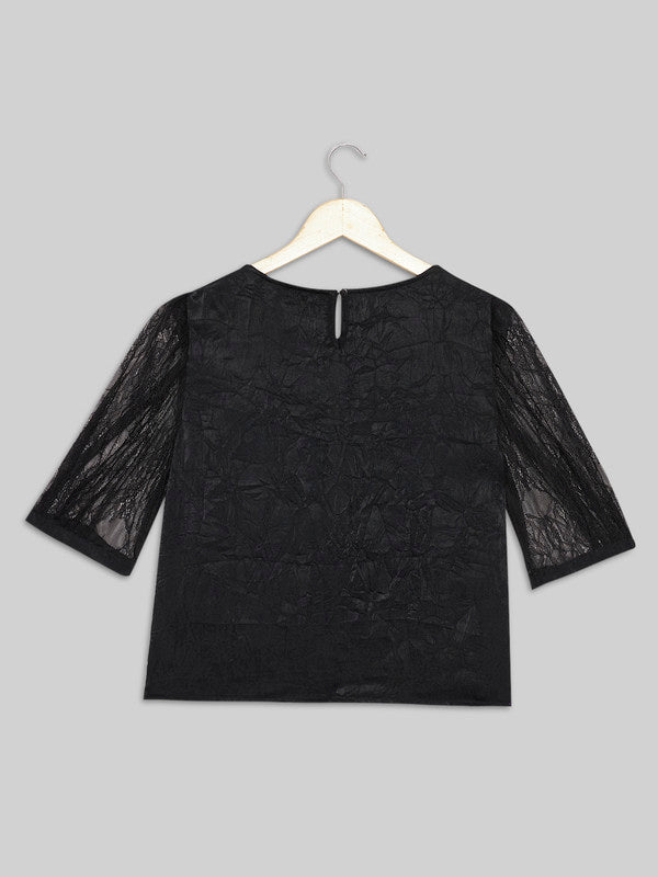 ELEENA Girls Polyester Black Solid Short Sleeve Partywear Top