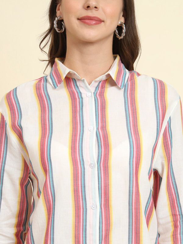 ELEENA Women's Cotton White Striped Full Sleeves Casual Shirt Top