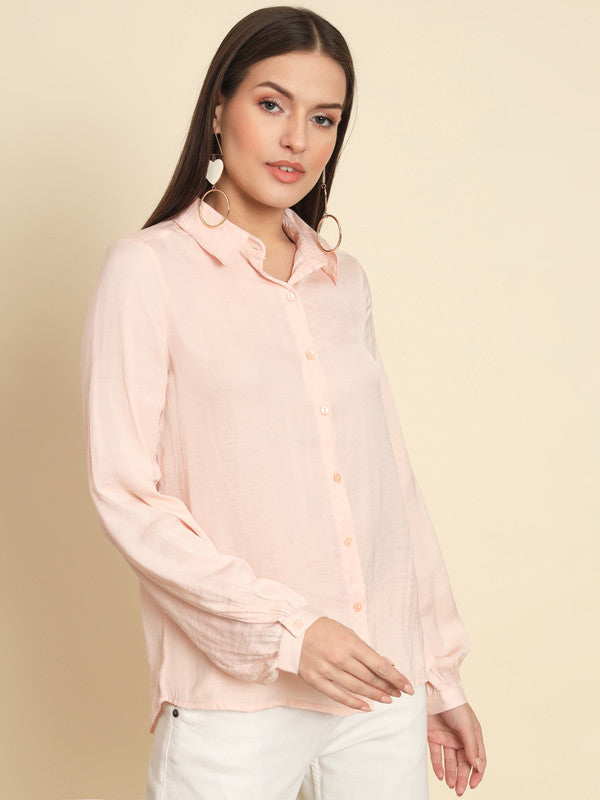 KASHANA Women's Polyester Peach Solid Full Sleeves Casual Shirt Top