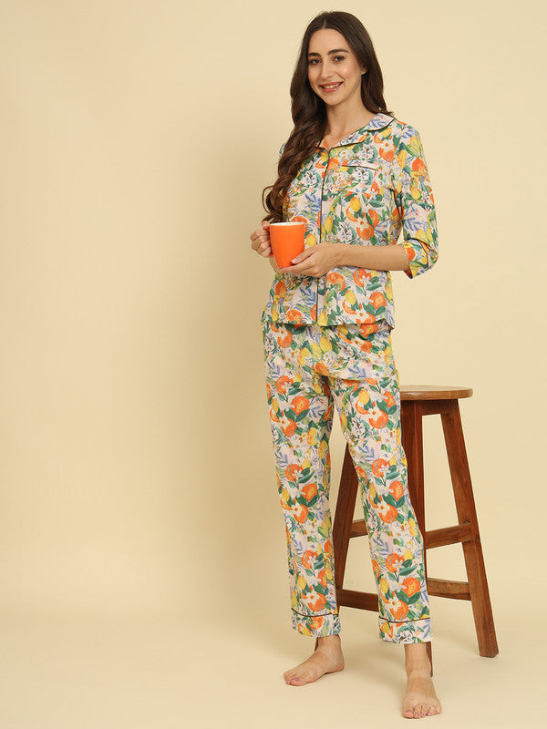 KASHANA Women's Cambric White Floral Printed 3/4 Sleeve Loungewear Shirt Pyjama Set Night Suit Set